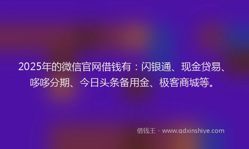 2025年的微信官网借钱有：闪银通、现金贷易、哆哆分期、今日头条备用金、极客商城等。