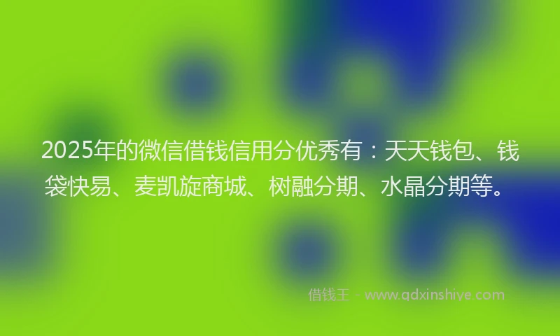 2025年的微信借钱信用分优秀有：天天钱包、钱袋快易、麦凯旋商城、树融分期、水晶分期等。