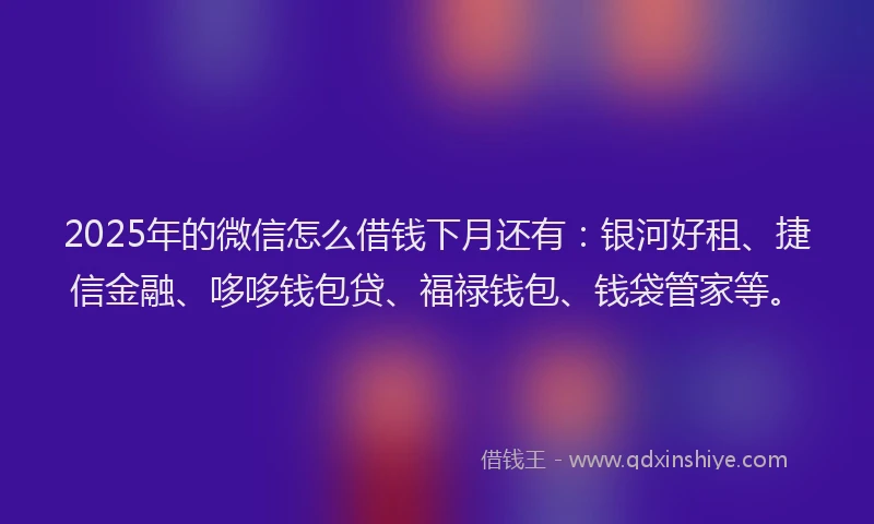 2025年的微信怎么借钱下月还有:银河好租、捷信金融、哆哆钱包贷、福禄钱包、钱袋管家等。