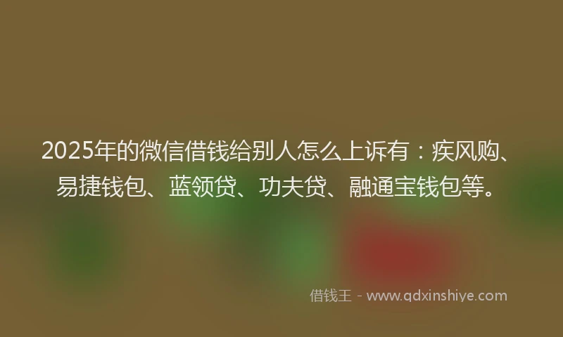 2025年的微信借钱给别人怎么上诉有：疾风购、易捷钱包、蓝领贷、功夫贷、融通宝钱包等。