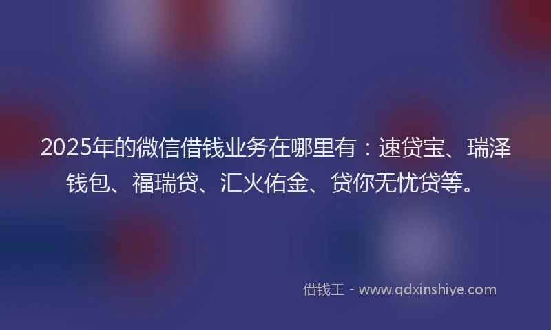 2025年的微信借钱业务在哪里有：速贷宝、瑞泽钱包、福瑞贷、汇火佑金、贷你无忧贷等。