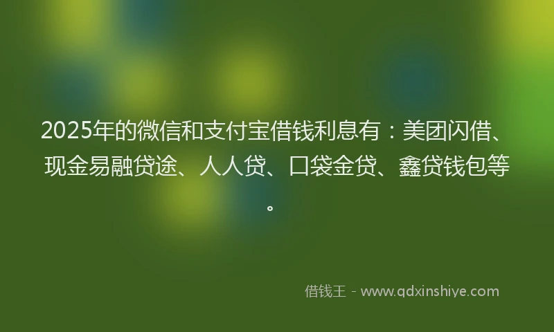 2025年的微信和支付宝借钱利息有：美团闪借、现金易融贷途、人人贷、口袋金贷、鑫贷钱包等。