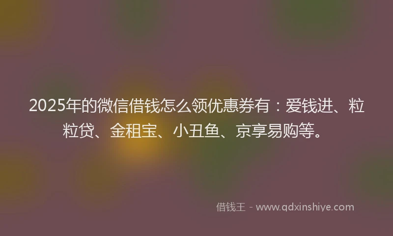 2025年的微信借钱怎么领优惠券有：爱钱进、粒粒贷、金租宝、小丑鱼、京享易购等。