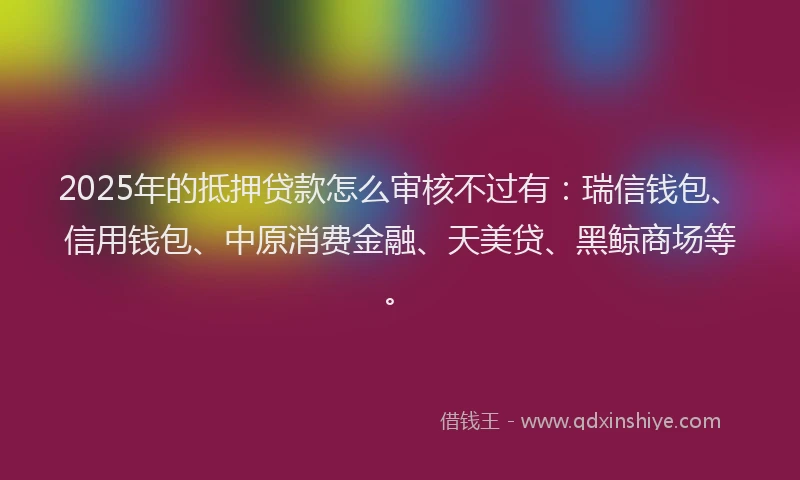 2025年的抵押贷款怎么审核不过有：瑞信钱包、信用钱包、中原消费金融、天美贷、黑鲸商场等。