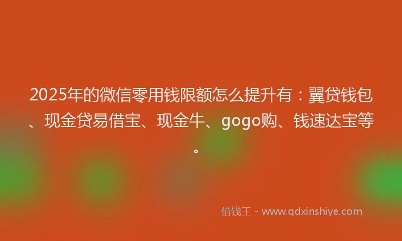 2025年的微信零用钱限额怎么提升有：翼贷钱包、现金贷易借宝、现金牛、gogo购、钱速达宝等。