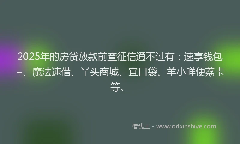 2025年的房贷放款前查征信通不过有：速享钱包+、魔法速借、丫头商城、宜口袋、羊小咩便荔卡等。
