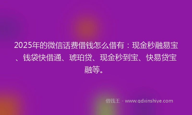2025年的微信话费借钱怎么借有：现金秒融易宝、钱袋快借通、琥珀贷、现金秒到宝、快易贷宝融等。
