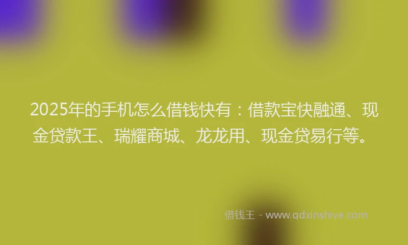 2025年的手机怎么借钱快有：借款宝快融通、现金贷款王、瑞耀商城、龙龙用、现金贷易行等。