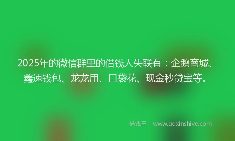 2025年的微信群里的借钱人失联有：企鹅商城、鑫速钱包、龙龙用、口袋花、现金秒贷宝等。