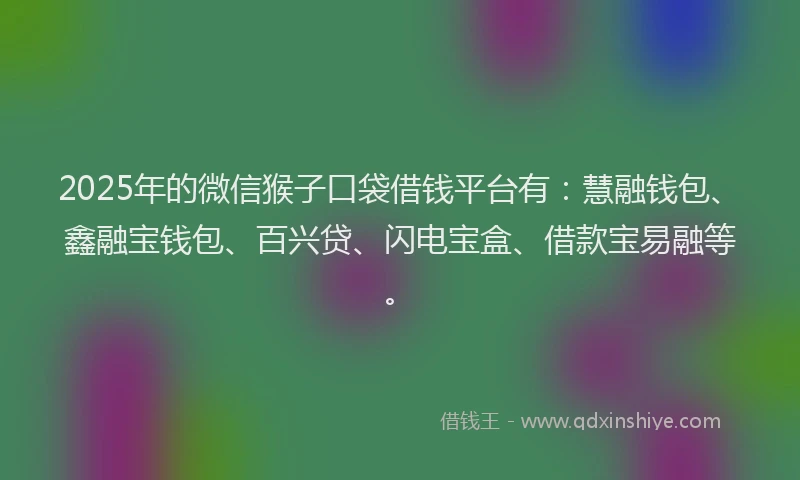 2025年的微信猴子口袋借钱平台有：慧融钱包、鑫融宝钱包、百兴贷、闪电宝盒、借款宝易融等。