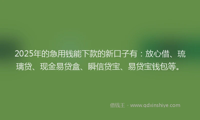 2025年的急用钱能下款的新口子有：放心借、琉璃贷、现金易贷盒、瞬信贷宝、易贷宝钱包等。