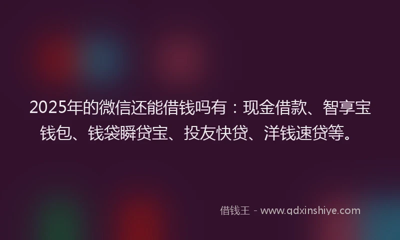 2025年的微信还能借钱吗有：现金借款、智享宝钱包、钱袋瞬贷宝、投友快贷、洋钱速贷等。