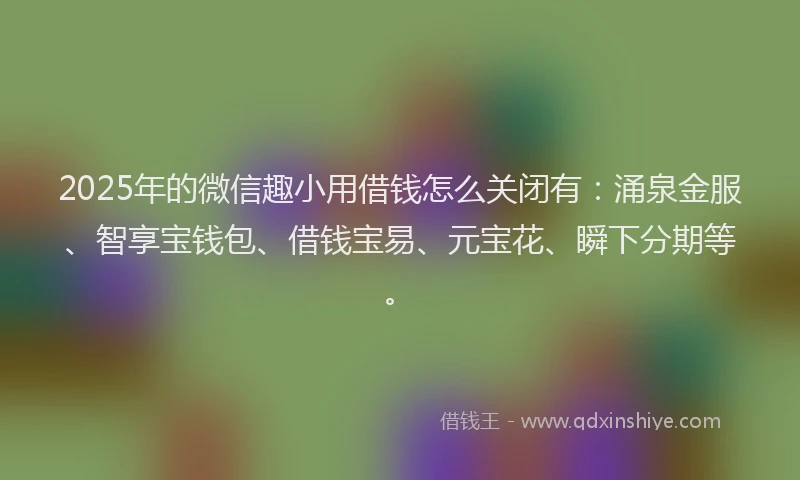 2025年的微信趣小用借钱怎么关闭有：涌泉金服、智享宝钱包、借钱宝易、元宝花、瞬下分期等。