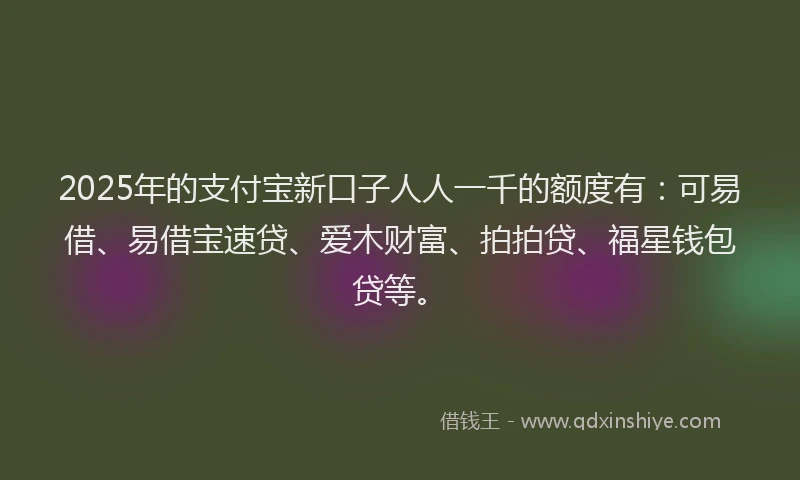 2025年的支付宝新口子人人一千的额度有：可易借、易借宝速贷、爱木财富、拍拍贷、福星钱包贷等。