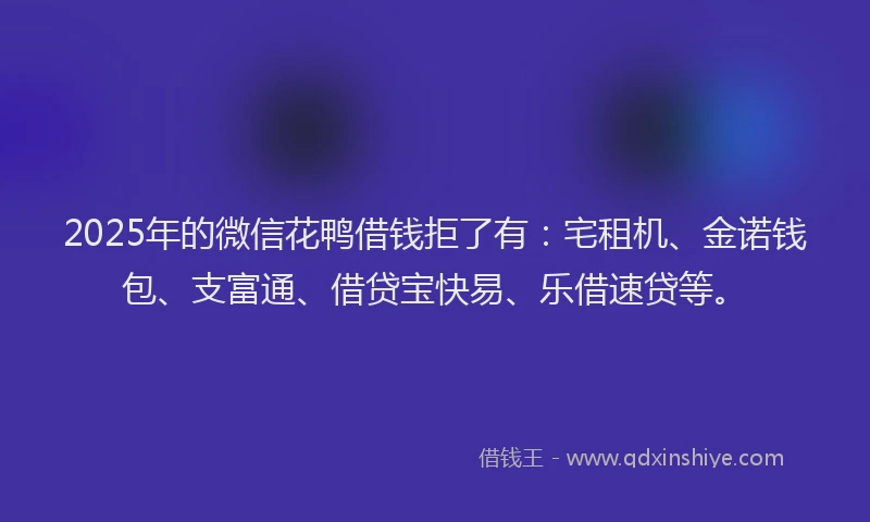 2025年的微信花鸭借钱拒了有：宅租机、金诺钱包、支富通、借贷宝快易、乐借速贷等。