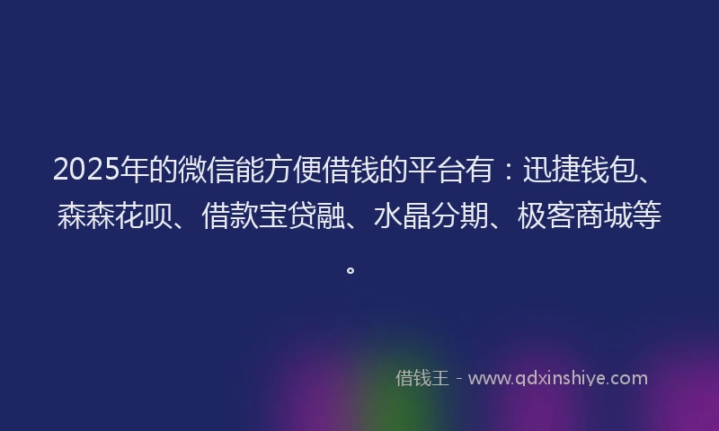 2025年的微信能方便借钱的平台有：迅捷钱包、森森花呗、借款宝贷融、水晶分期、极客商城等。