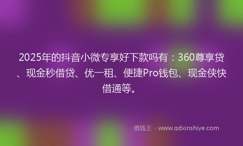 2025年的抖音小微专享好下款吗有：360尊享贷、现金秒借贷、优一租、便捷Pro钱包、现金侠快借通等。