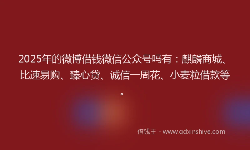 2025年的微博借钱微信公众号吗有：麒麟商城、比速易购、臻心贷、诚信一周花、小麦粒借款等。