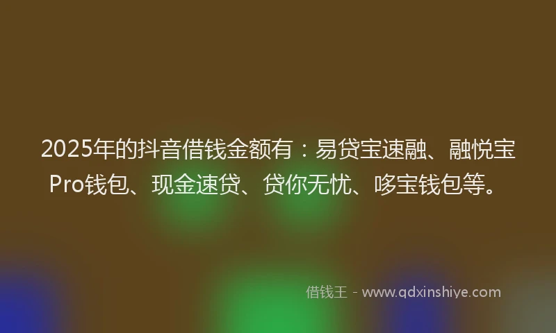 2025年的抖音借钱金额有：易贷宝速融、融悦宝Pro钱包、现金速贷、贷你无忧、哆宝钱包等。