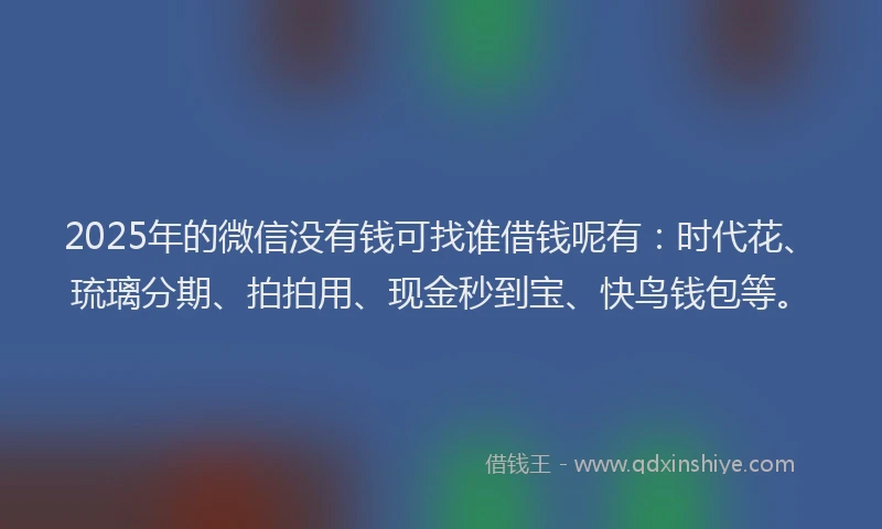 2025年的微信没有钱可找谁借钱呢有：时代花、琉璃分期、拍拍用、现金秒到宝、快鸟钱包等。
