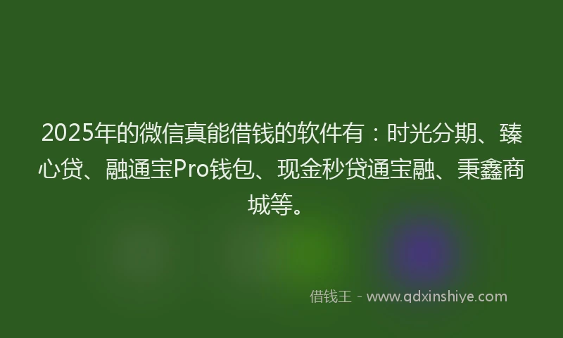 2025年的微信真能借钱的软件有：时光分期、臻心贷、融通宝Pro钱包、现金秒贷通宝融、秉鑫商城等。