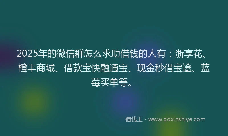 2025年的微信群怎么求助借钱的人有：浙享花、橙丰商城、借款宝快融通宝、现金秒借宝途、蓝莓买单等。