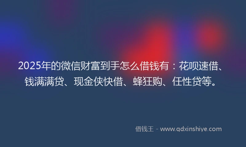 2025年的微信财富到手怎么借钱有：花呗速借、钱满满贷、现金侠快借、蜂狂购、任性贷等。