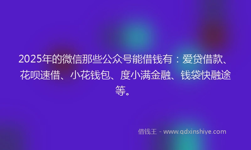2025年的微信那些公众号能借钱有：爱贷借款、花呗速借、小花钱包、度小满金融、钱袋快融途等。