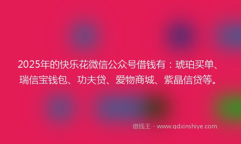 2025年的快乐花微信公众号借钱有：琥珀买单、瑞信宝钱包、功夫贷、爱物商城、紫晶信贷等。