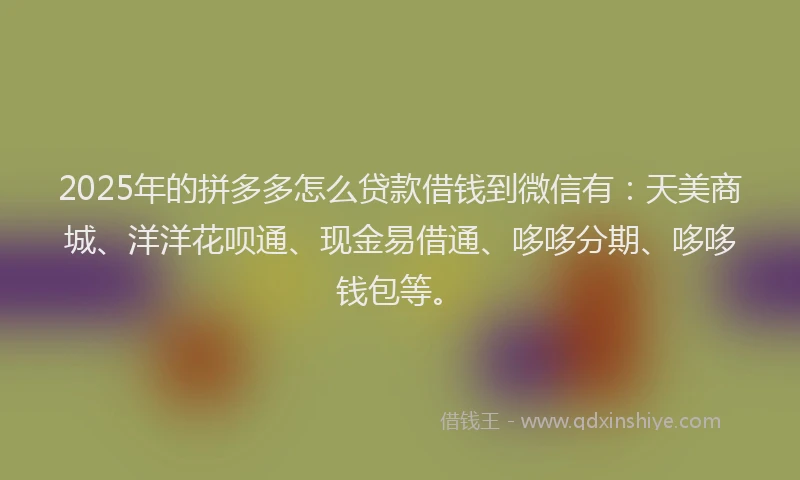 2025年的拼多多怎么贷款借钱到微信有：天美商城、洋洋花呗通、现金易借通、哆哆分期、哆哆钱包等。