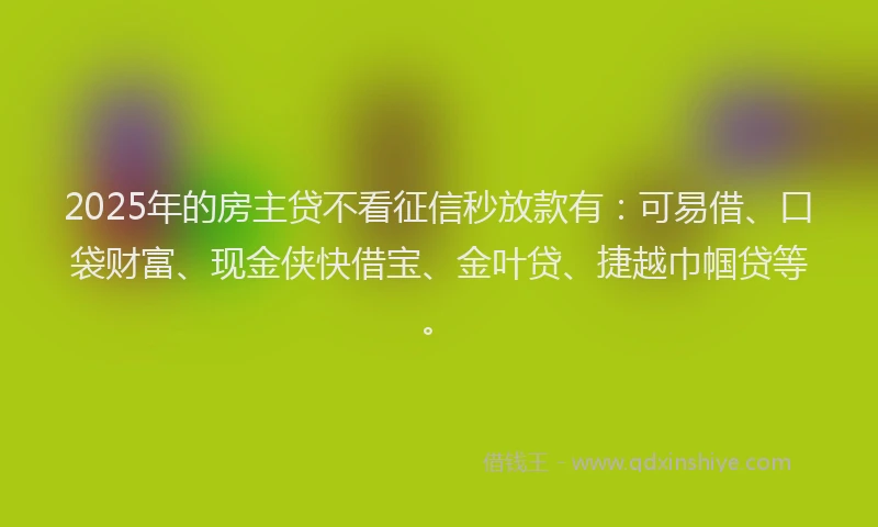 2025年的房主贷不看征信秒放款有：可易借、口袋财富、现金侠快借宝、金叶贷、捷越巾帼贷等。