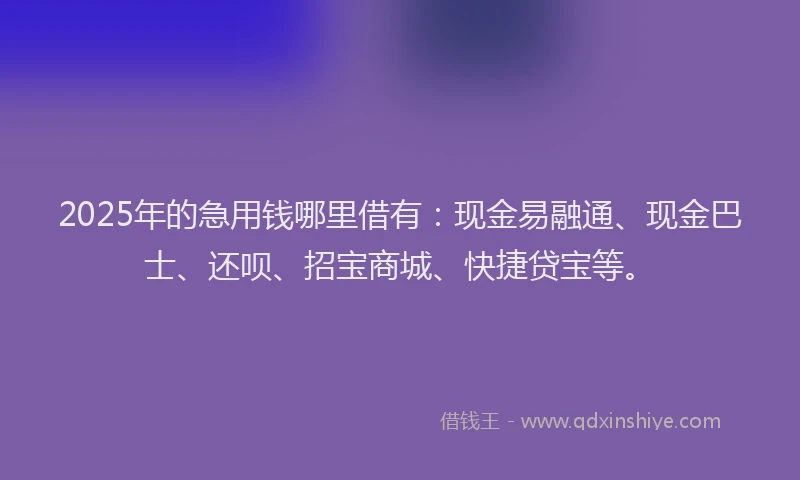 2025年的急用钱哪里借有：现金易融通、现金巴士、还呗、招宝商城、快捷贷宝等。