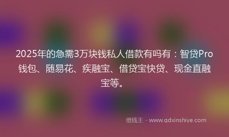 2025年的急需3万块钱私人借款有吗有：智贷Pro钱包、随易花、疾融宝、借贷宝快贷、现金直融宝等。