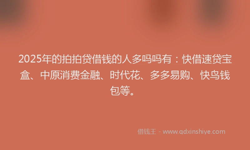 2025年的拍拍贷借钱的人多吗吗有：快借速贷宝盒、中原消费金融、时代花、多多易购、快鸟钱包等。