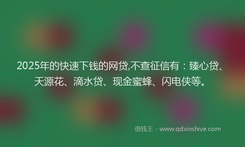 2025年的快速下钱的网贷,不查征信有：臻心贷、天源花、滴水贷、现金蜜蜂、闪电侠等。
