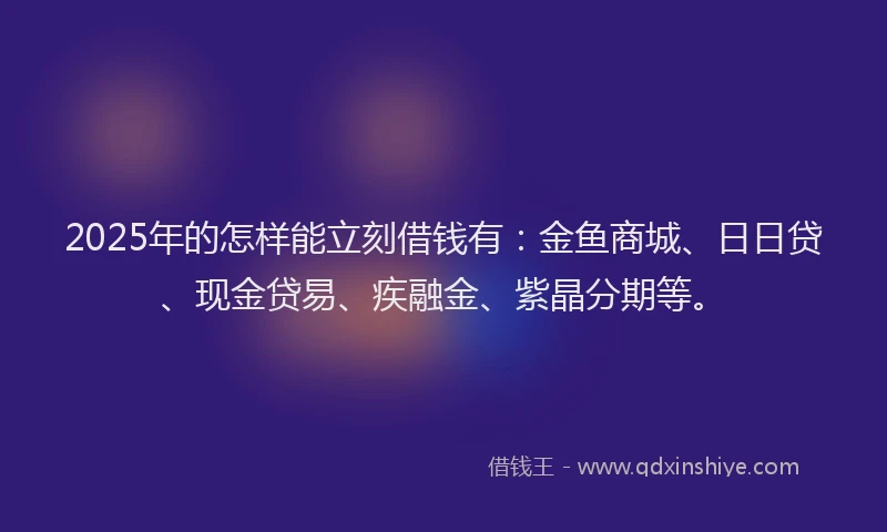 2025年的怎样能立刻借钱有：金鱼商城、日日贷、现金贷易、疾融金、紫晶分期等。