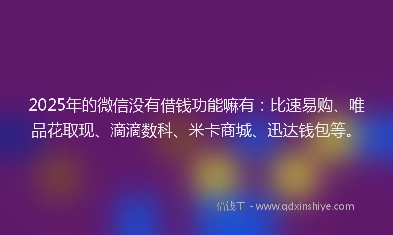 2025年的微信没有借钱功能嘛有：比速易购、唯品花取现、滴滴数科、米卡商城、迅达钱包等。