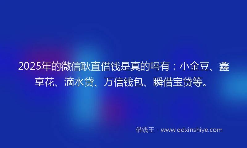 2025年的微信耿直借钱是真的吗有：小金豆、鑫享花、滴水贷、万信钱包、瞬借宝贷等。