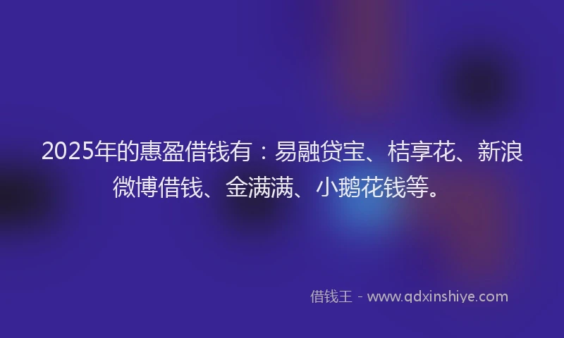 2025年的惠盈借钱有：易融贷宝、桔享花、新浪微博借钱、金满满、小鹅花钱等。