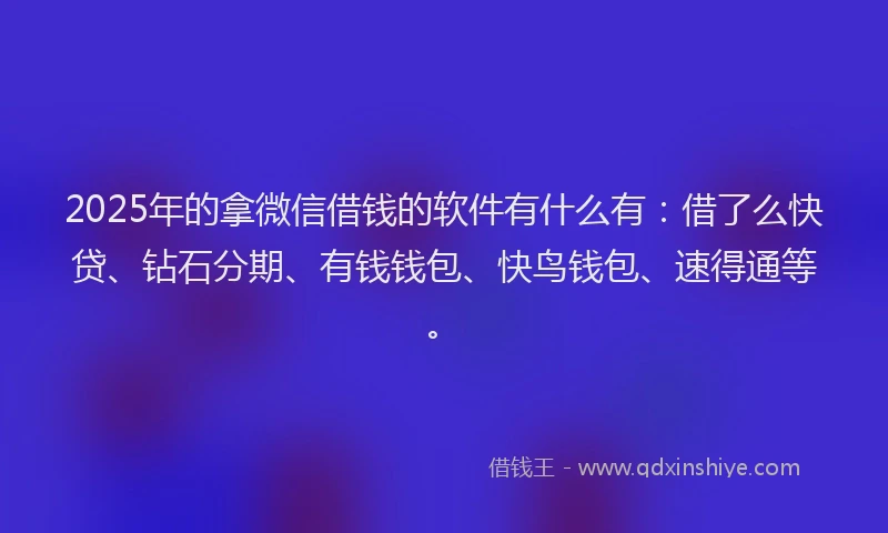 2025年的拿微信借钱的软件有什么有：借了么快贷、钻石分期、有钱钱包、快鸟钱包、速得通等。