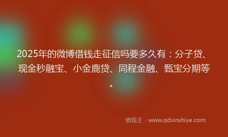 2025年的微博借钱走征信吗要多久有：分子贷、现金秒融宝、小金鹿贷、同程金融、甄宝分期等。