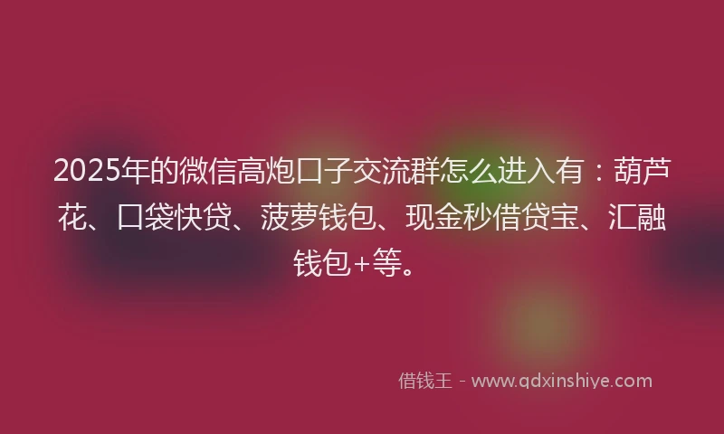 2025年的微信高炮口子交流群怎么进入有：葫芦花、口袋快贷、菠萝钱包、现金秒借贷宝、汇融钱包+等。