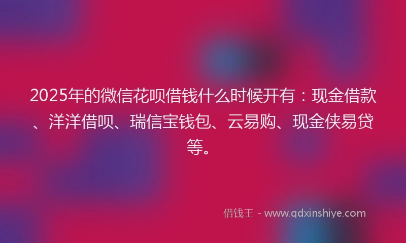 2025年的微信花呗借钱什么时候开有：现金借款、洋洋借呗、瑞信宝钱包、云易购、现金侠易贷等。