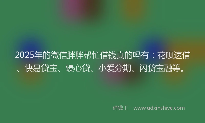 2025年的微信胖胖帮忙借钱真的吗有：花呗速借、快易贷宝、臻心贷、小爱分期、闪贷宝融等。