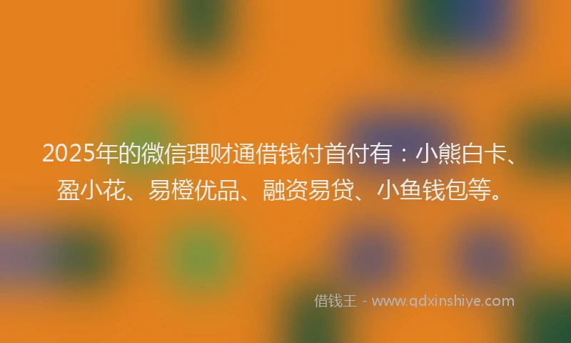 2025年的微信理财通借钱付首付有：小熊白卡、盈小花、易橙优品、融资易贷、小鱼钱包等。