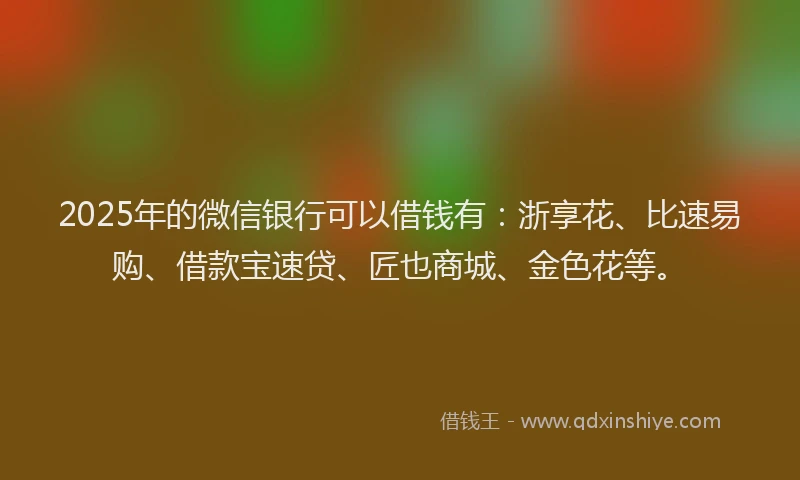 2025年的微信银行可以借钱有：浙享花、比速易购、借款宝速贷、匠也商城、金色花等。