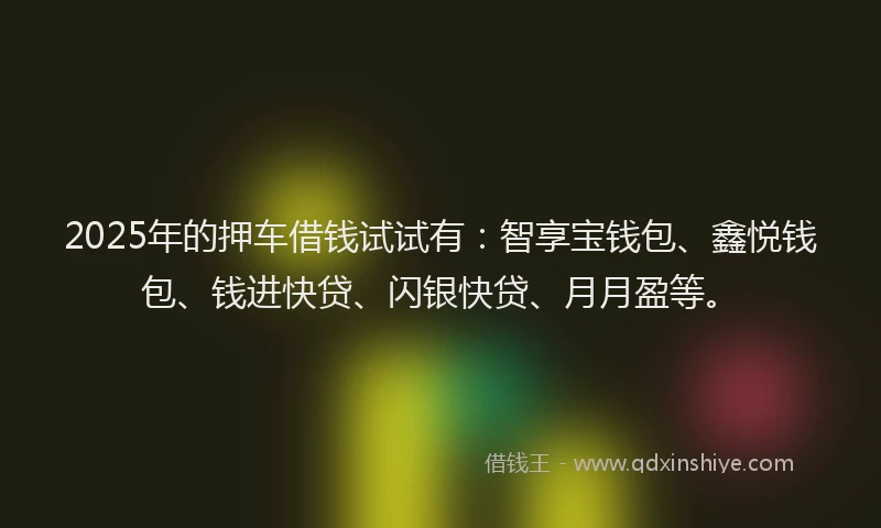 2025年的押车借钱试试有：智享宝钱包、鑫悦钱包、钱进快贷、闪银快贷、月月盈等。