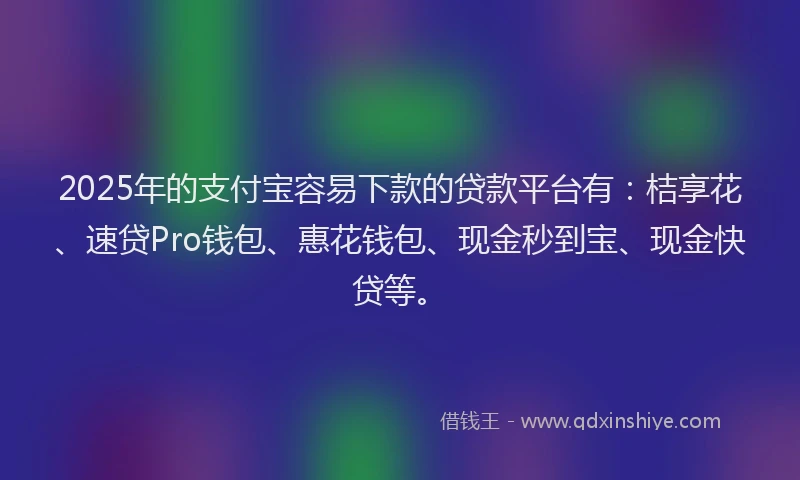 2025年的支付宝容易下款的贷款平台有：桔享花、速贷Pro钱包、惠花钱包、现金秒到宝、现金快贷等。