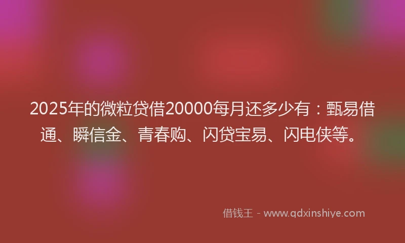 2025年的微粒贷借20000每月还多少有：甄易借通、瞬信金、青春购、闪贷宝易、闪电侠等。