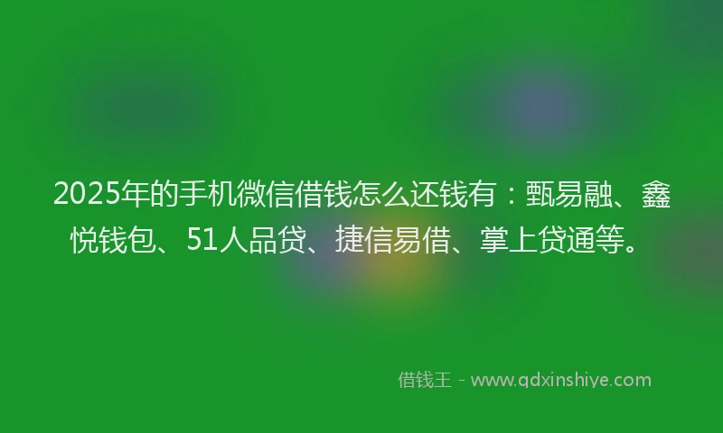2025年的手机微信借钱怎么还钱有：甄易融、鑫悦钱包、51人品贷、捷信易借、掌上贷通等。